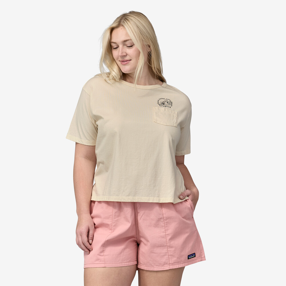 Damen-Bio-T-Shirt mit Tasche, locker geschnitten, Aufdruck „Lost and Found“