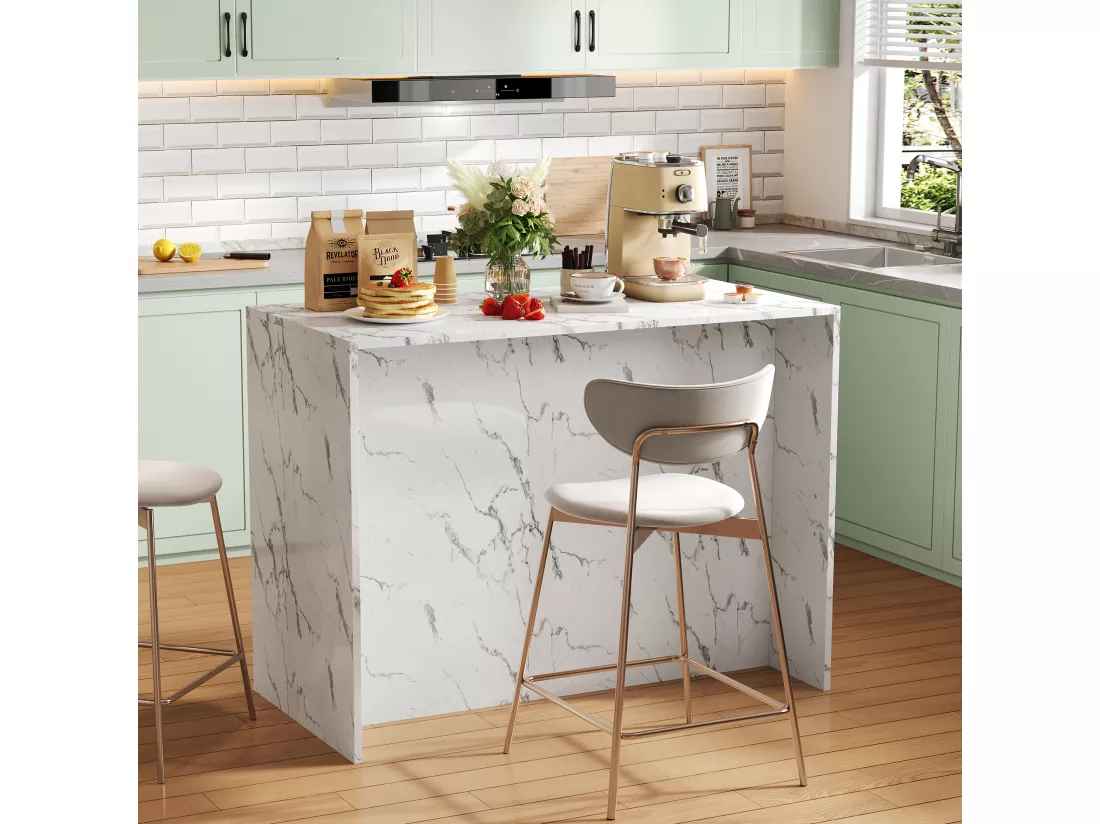 Ilot central de cuisine avec 3 portes et 3 tiroirs - 112 x 60 x 90.5 cm - Plateau en effet marbre - Bois MDF - Blanc