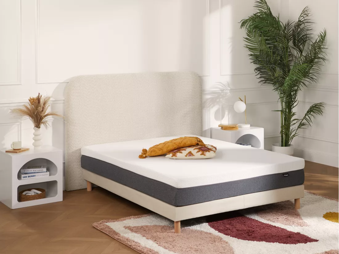 Tête de lit 170 cm SANTADI - Tissu effet bouclettes - Ecru