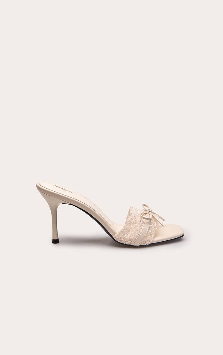 Crème Mules À Talons En Dentelle Froncée Avec Nœud