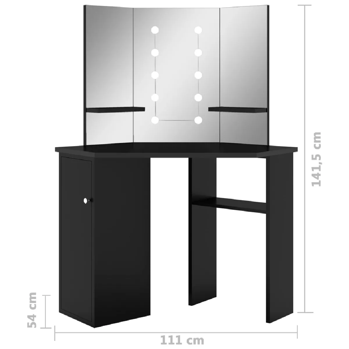 vidaXL Coiffeuse d'angle noir avec LED 111x54x141,5 cm