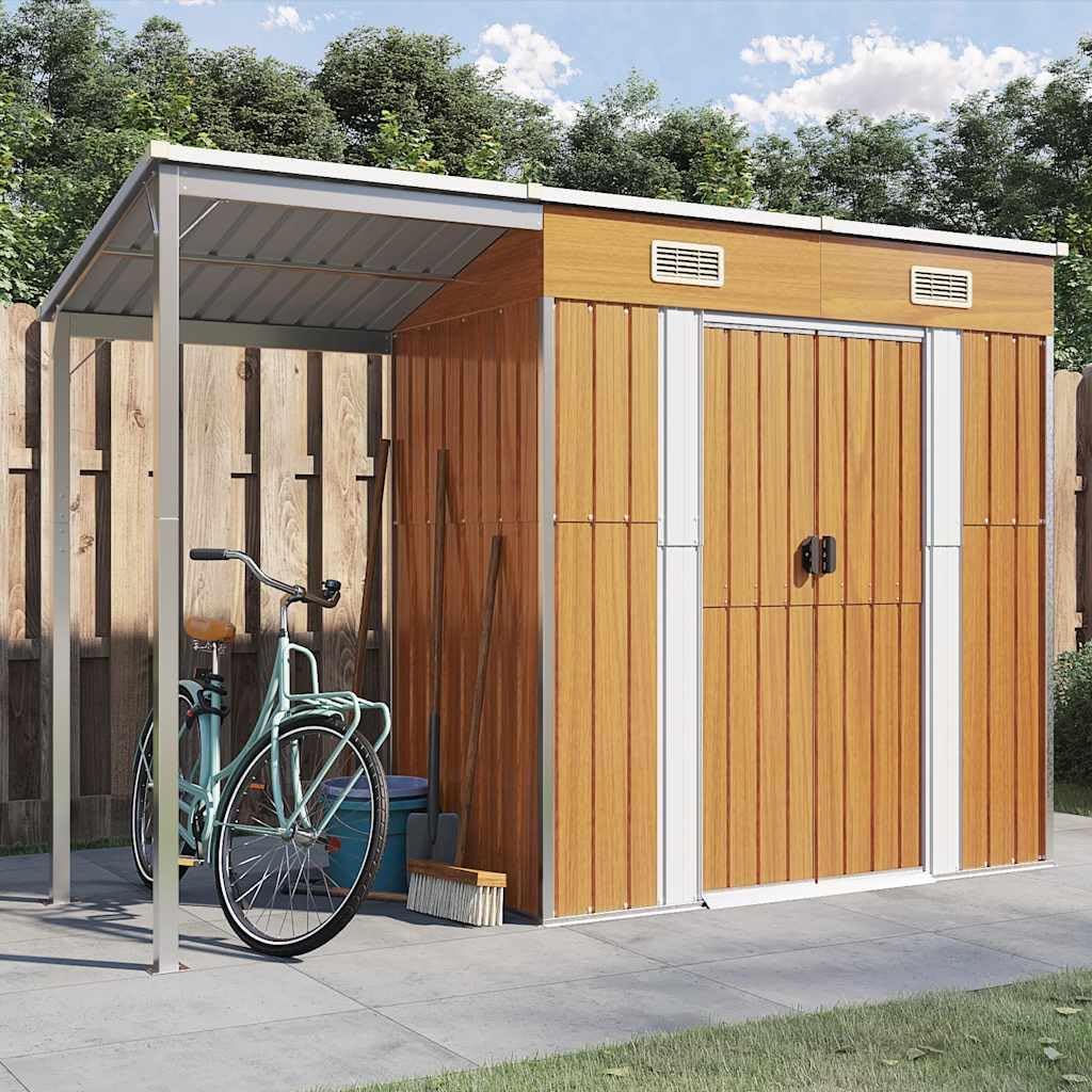vidaXL Gartenhaus, Geräteschuppen mit Schleppdach Schrägdach, Gerätehaus für Gartengeräte Werkzeuge, Garten Metall Schuppen, Hellbraun Stahl