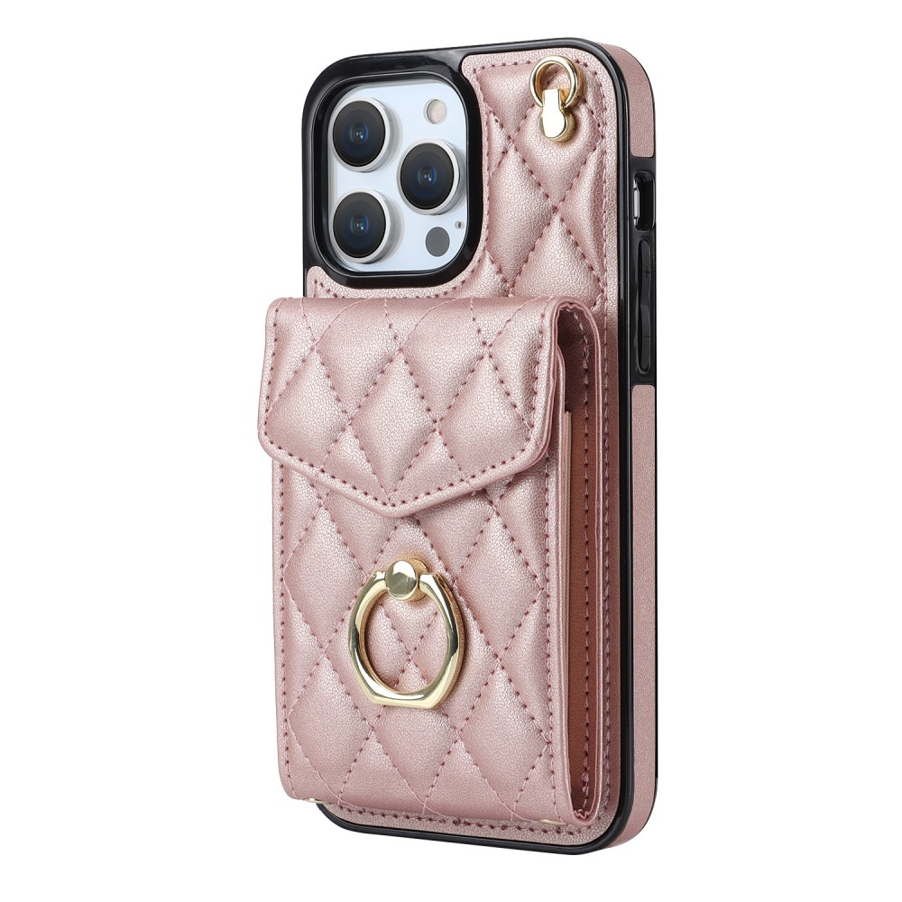iPhone 15 Pro Max Necklace Leder Hülle mit Kartenfächer   Finger Griff Halterung   Handykette (RFID Schutz) - Roségold