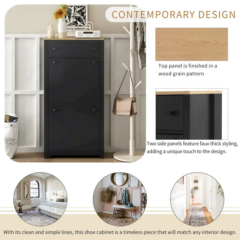 Entryway Organizer with 2 Drawers,Wood Grain Pattern Top Shoe Cabinet with Drawer, Free Standing Shoe Rack with Adjustable Panel