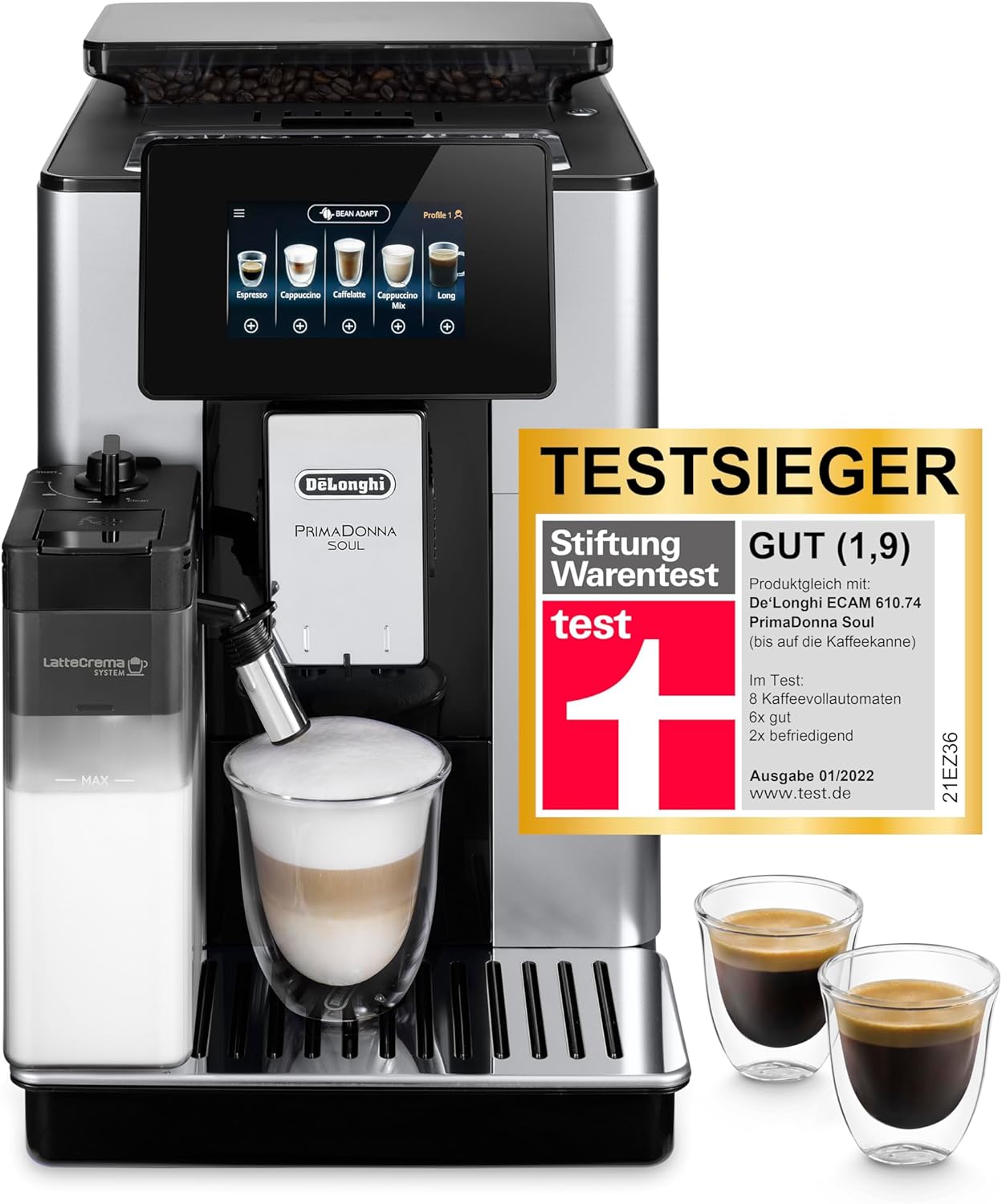 De'Longhi PrimaDonna Soul – Perfetto Kaffeevollautomat mit LatteCrema-Milchaufschäumer, 18 One-Touch-Getränke, Touch-Display, Silber-Schwarz (ECAM612.55.SB)