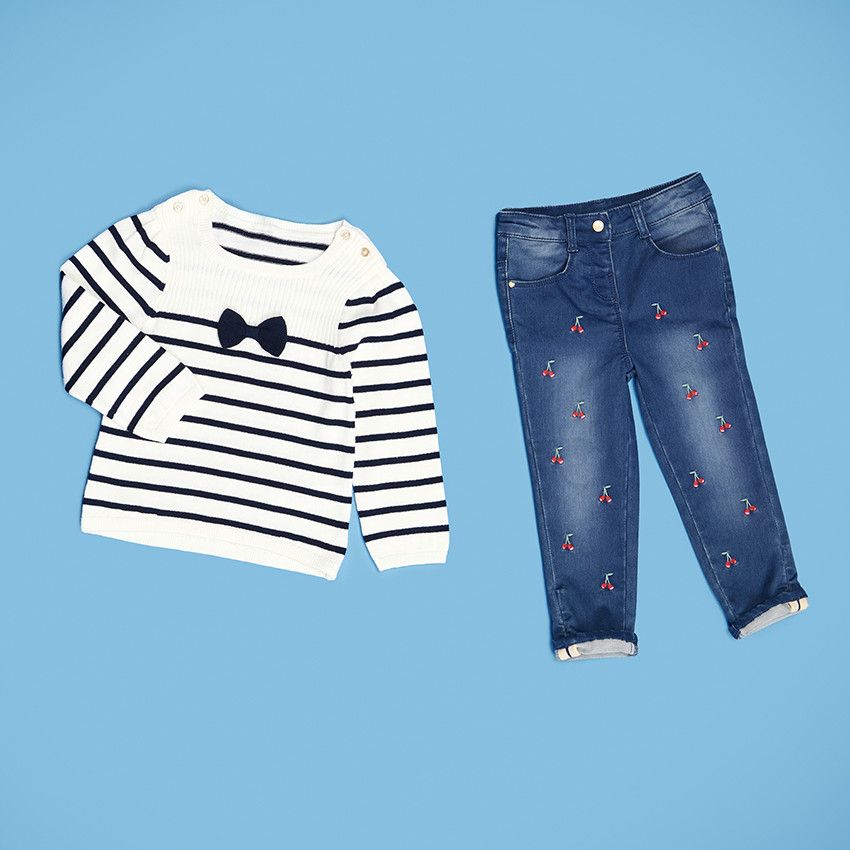 Jean slim en denim like avec broderies cerises pour bébé fille - Bleu