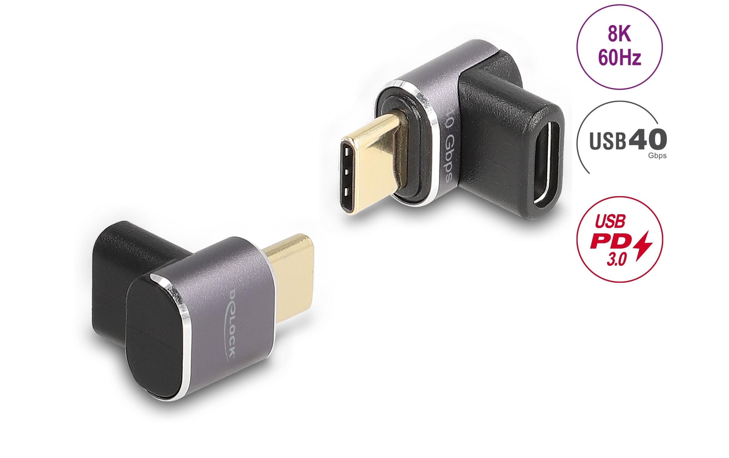Adapter 40 Gbps, 8K 60 Hz, PD3.0 USB Type-C - USB Type-CDelock USB Adapter 40 Gbps USB Type-C PD 3.0 100 W Stecker zu Buchse gewinkelt 8K 60 Hz Metall kompakt