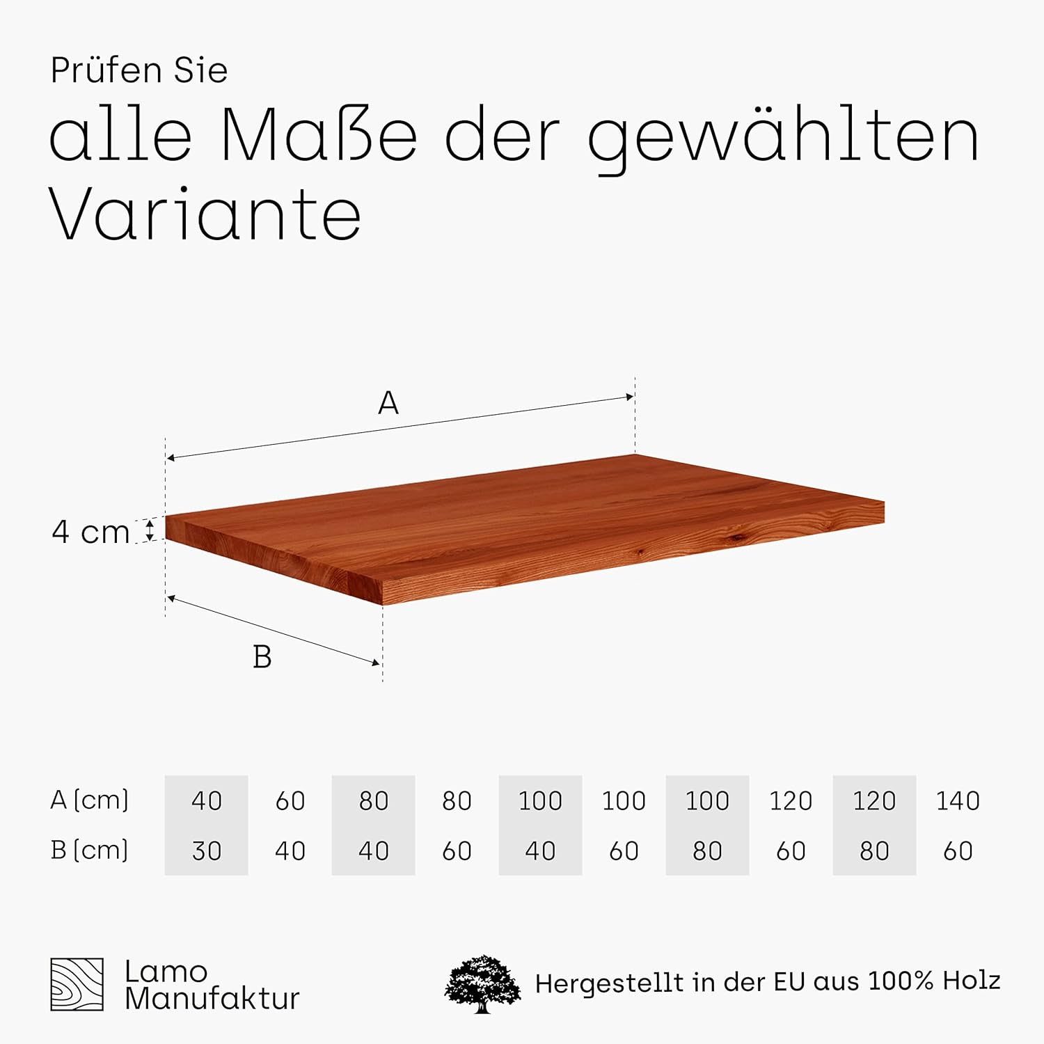 LAMO Manufaktur Massivholzplatte für Couchtisch Arbeitsplatte Küchenarbeitsplatte 80x40 cm, Dunkel, LHG-01-A-004-804