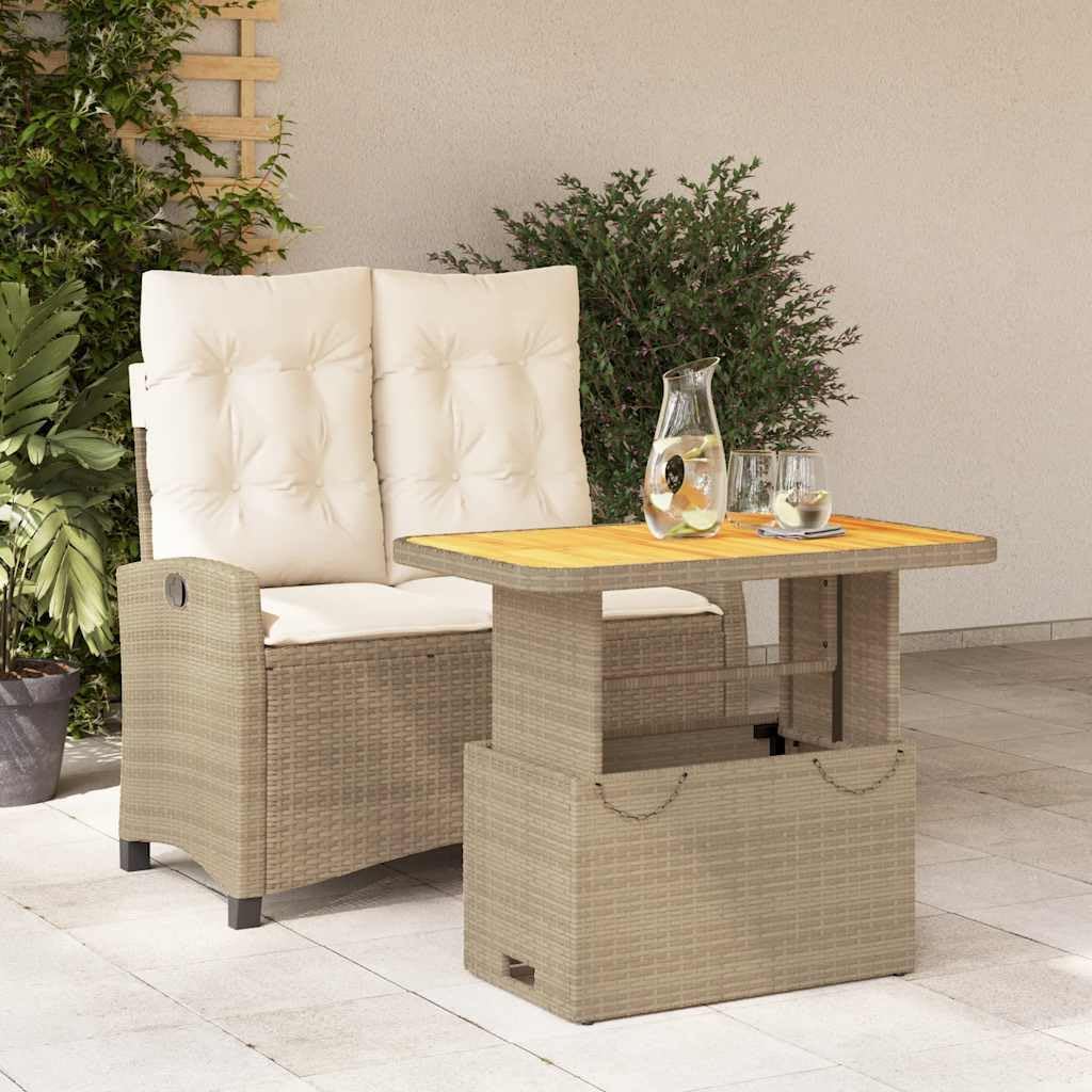 2-TLG Gartenmöbel Lounge Set aus Poly Rattan Beige 105x66x93 cm Modernes Design Verstellbare Rückenlehne Höhenverstellbarer Akazientisch robust für Balkon Terrasse und Garten