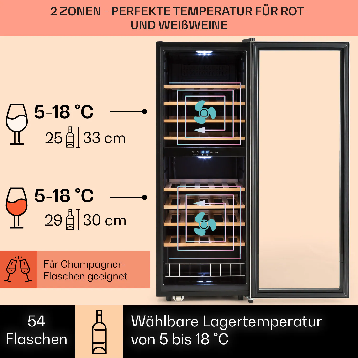 Vinamour 54 Duo Weinkühlschrank 2 Zonen 148 Ltr 54 Fl Touch-Display