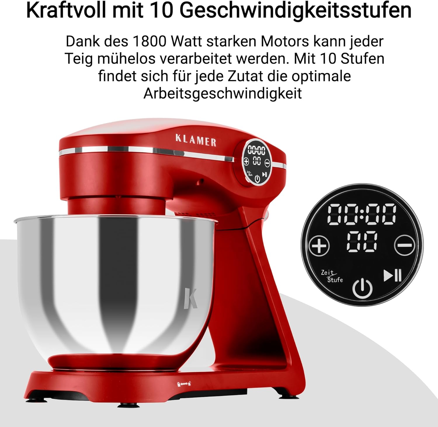 KLAMER Küchenmaschine 1800W, Knetmaschine Brotteig mit Edelstahl-Rührschüssel 6 L, 10 Stufen mit Timer, Planetenrührwerk, Rührbesen, Knethaken, Schneebesen & Sichtdeckel (rot)