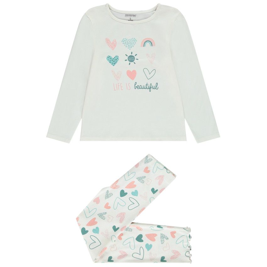 Pyjama 2 pièces en jersey fantaisie pour fille - Ecru