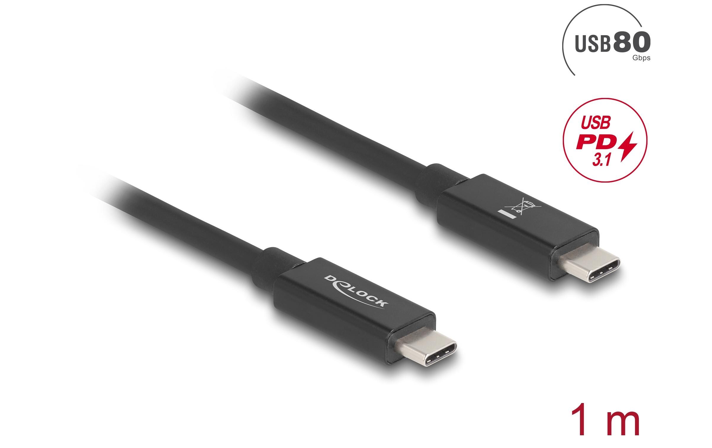 USB4-Kabel 80 Gbps PD3.1, 240W, 16K 60 Hz USB - USB 1 mDelock USB 80 Gbps Kabel USB Type-C Stecker zu Stecker 16K 60 Hz PD 3.1 240 W E-Marker koaxial 1 m Schwarz