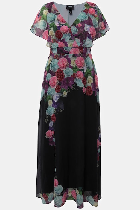 Maxikleid, Chiffon, Blüten, V-Ausschnitt, Halbarm