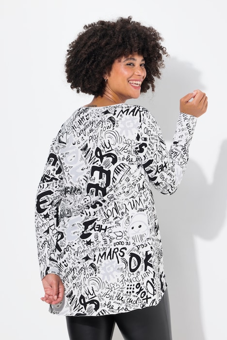 T-Shirt, A-Linie, Scribble-Muster, offenkantige Abschlüsse