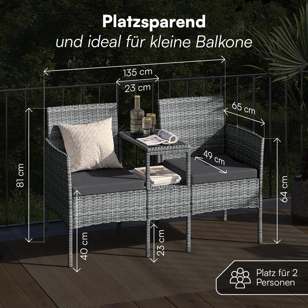 STEELSØN Gartenbank mit Tisch Velara aus Polyrattan, Sitzgruppe für 2 Personen, Balkonmöbel 2er Sofa mit Polster wetterfest, Gartensofa Terrassenmöbel in grau-meliert/anthrazit 81x65x135 cm (HxTxB)