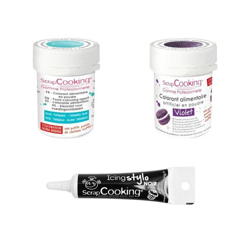 2 colorants alimentaires turquoise-violet + Stylo glaçage noir Scrapco