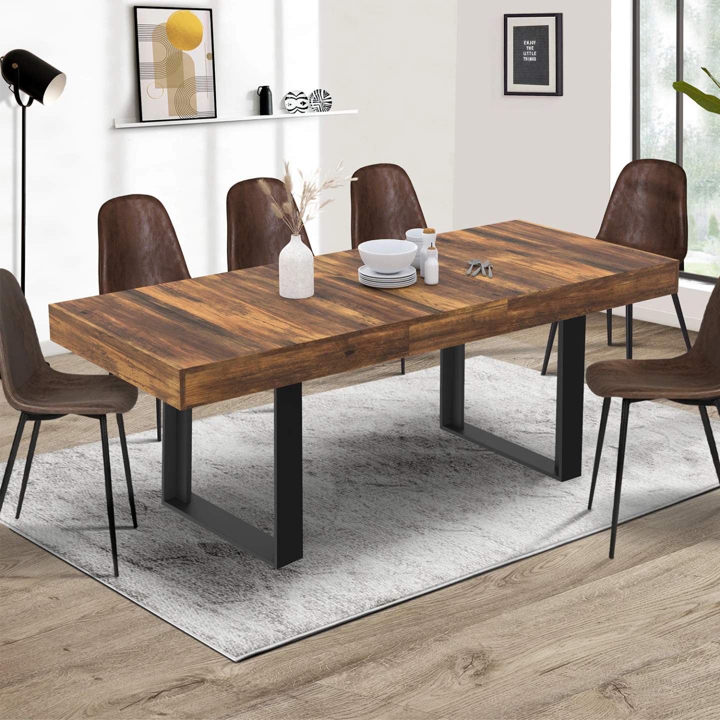 Table à manger extensible rectangle PHOENIX 4-8 personnes bois plateau HAWKINS 160-200 cm