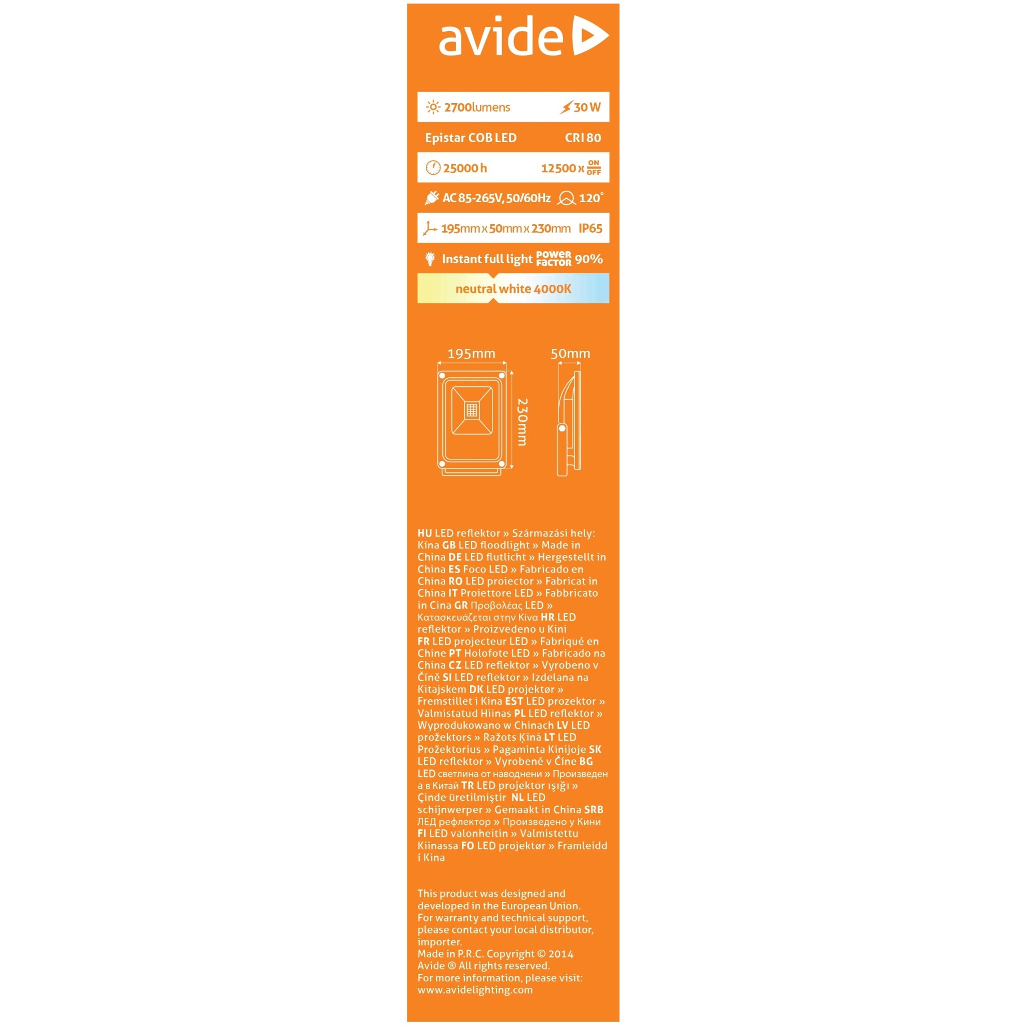 Avide LED Flood Light Slim 30W NW