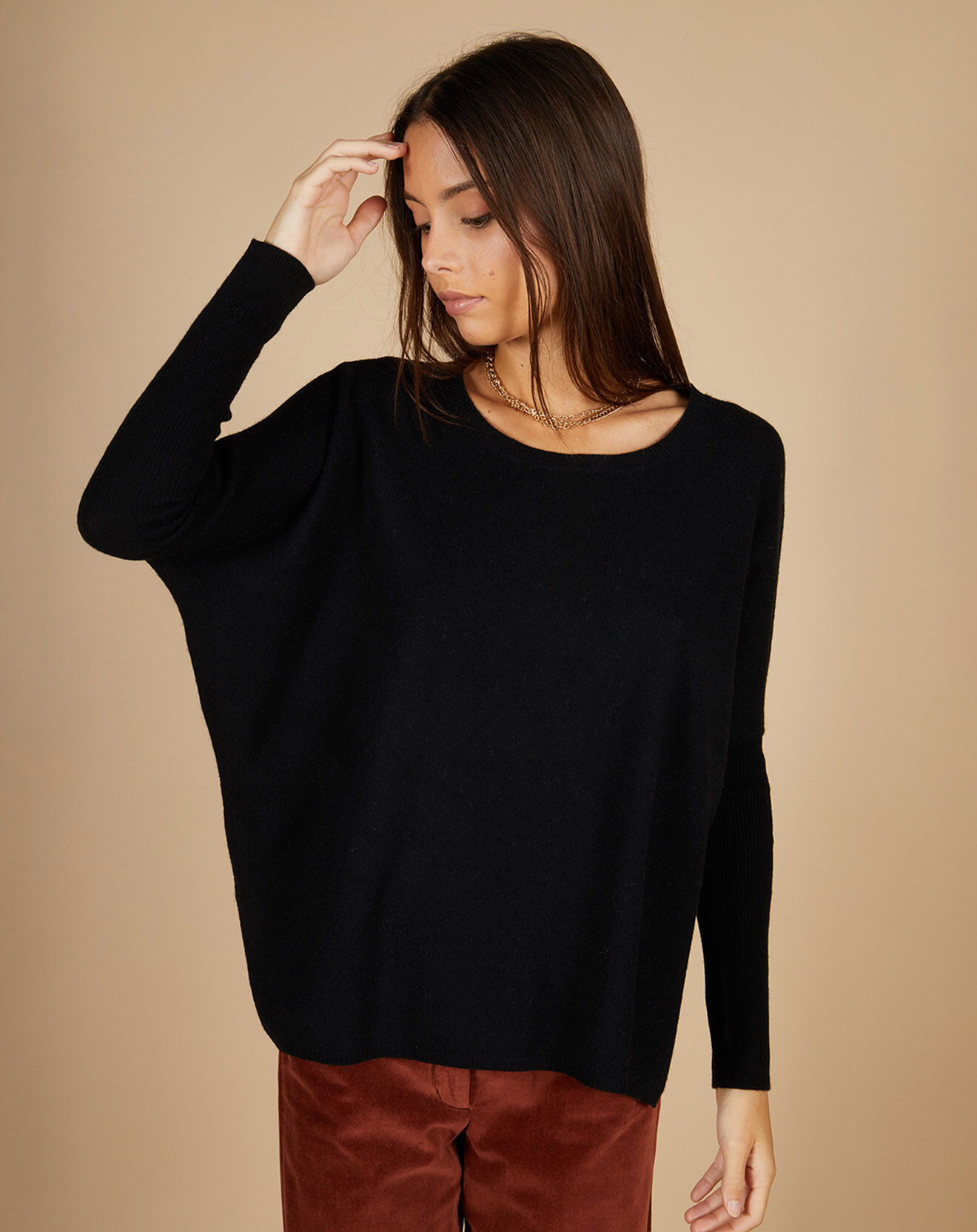 Cashmere Tribu Pull poncho 100% Cachemire Alizée col rond noir