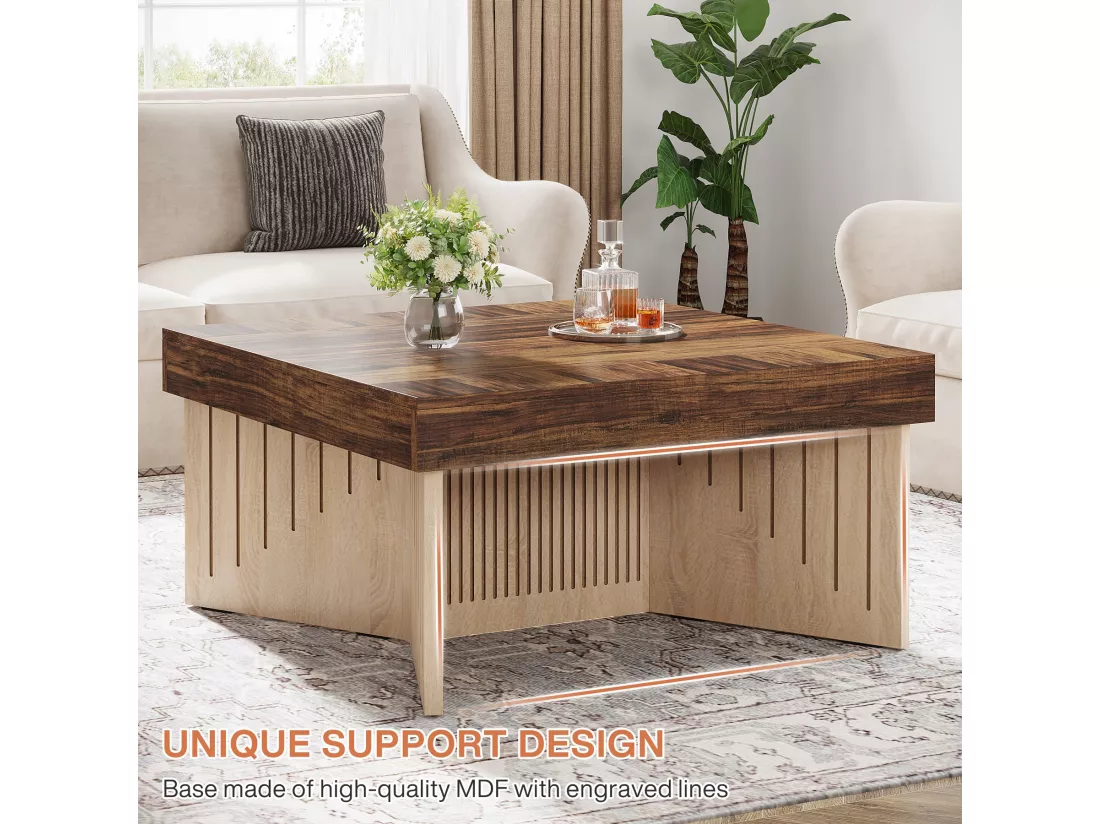 Tribesigns Table basse carrée en bois de 90 cm, table basse centrale de ferme avec lignes gravées, table basse pour salon