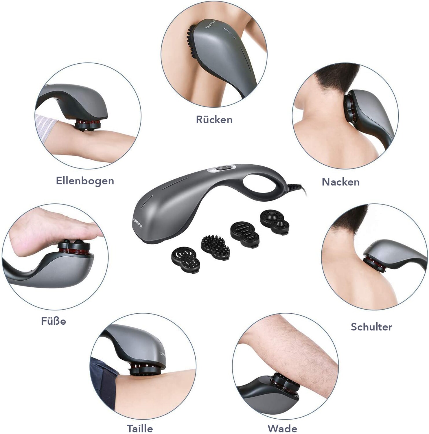 Naipo Massagegeräte Handmassagegerät mit Infrarot Wärmefunktion und Klopf Massage, 4 austauschbare Aufsätze, verschiedene Geschwindigkeitsstufen, für Nacken Schulter Rücken Beine Füße MGPC-666