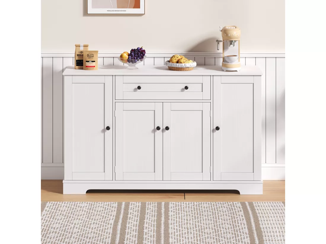 Buffet de cuisine avec 4 portes et 1 tiroir - 138 x 40 x 85 cm - Bois MDF - Tablettes réglables - Blanc