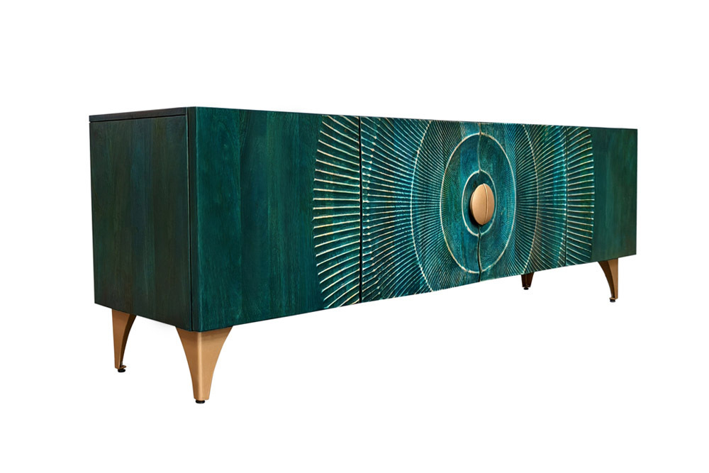 Massives TV-Lowboard GOLDEN SUNSET 180cm türkis 3D-Schnitzereien gold Mangoholz Metall