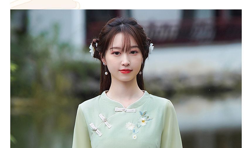 Fioridi - 3/4-mouw V-hals bloemen Hanfu top / Hoge taille midi A-lijn rok / Set
