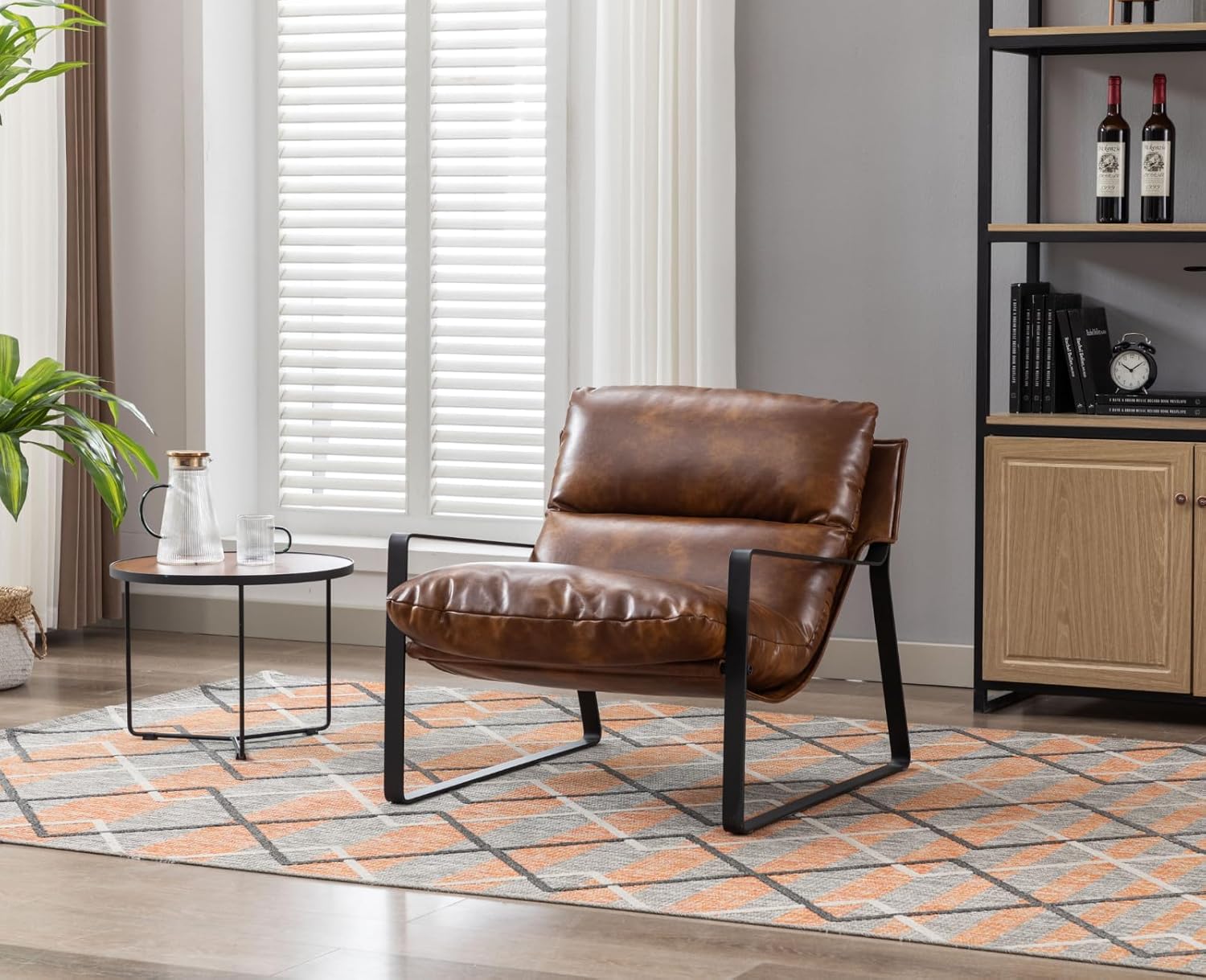 Sessel Wohnzimmer Lesesessel mit Armlehnen moderner Loungesessel mit Metallgestell,Kunstleder, Braun