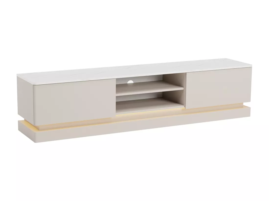 Meuble TV 2 tiroirs et 2 niches avec LEDs en MDF - Beige et effet marbre blanc - DEVIKA de Pascal MORABITO