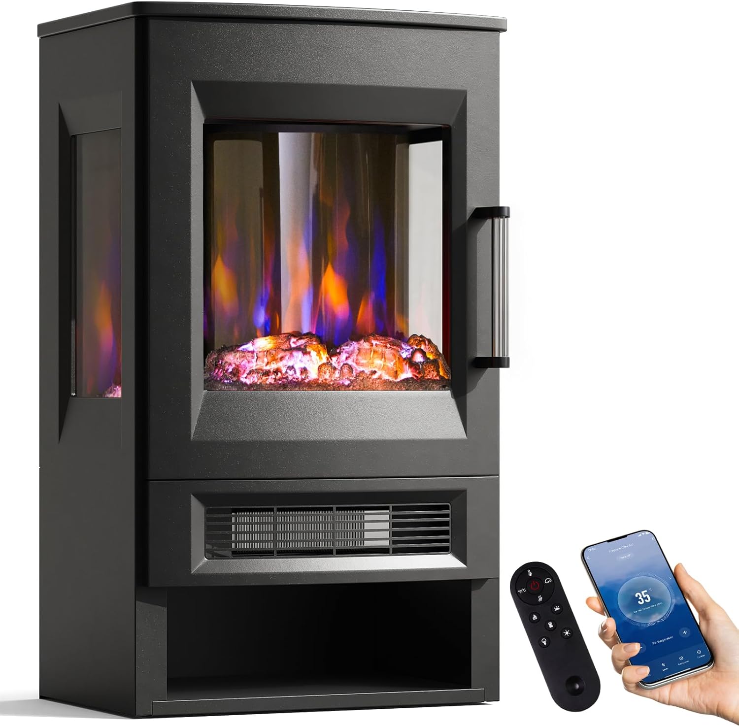 INMOZATA Elektrokamin mit Heizung Panorama-Sichtfenster Elektrischer Kamin mit 8 LED Flammeneffekt und Ember Bett Effekt, WiFi APP 900/1800W Kaminfeuer Elektrisch mit 45° Kippschutz & Thermostat