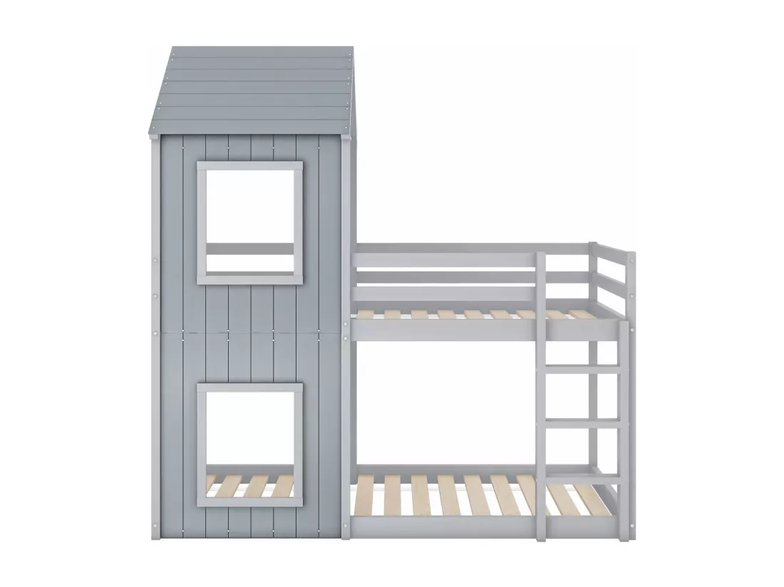 Lits superposés cabane 90x200cm, Pin, avec balustrade de sécurité, charge max 120kg, Gris