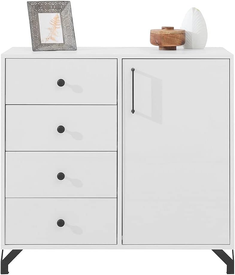 Furniture24 Kommode Bergen BE7 Schubladenschrank Schrank 1 Türiger 4 Schubladen Hochganz Weiß Wohnzimmerschrank