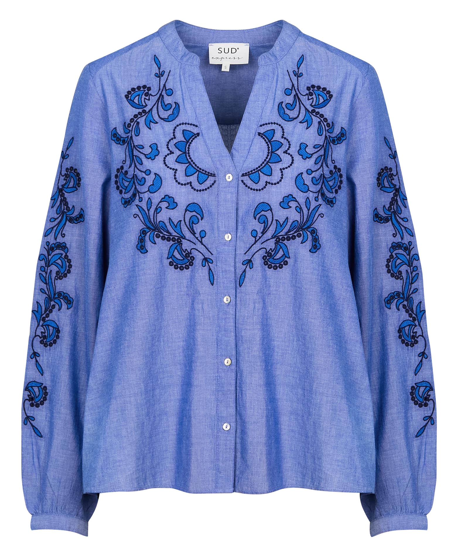 CAMISSOU - Chemise col V droite en coton brodé | Bleu