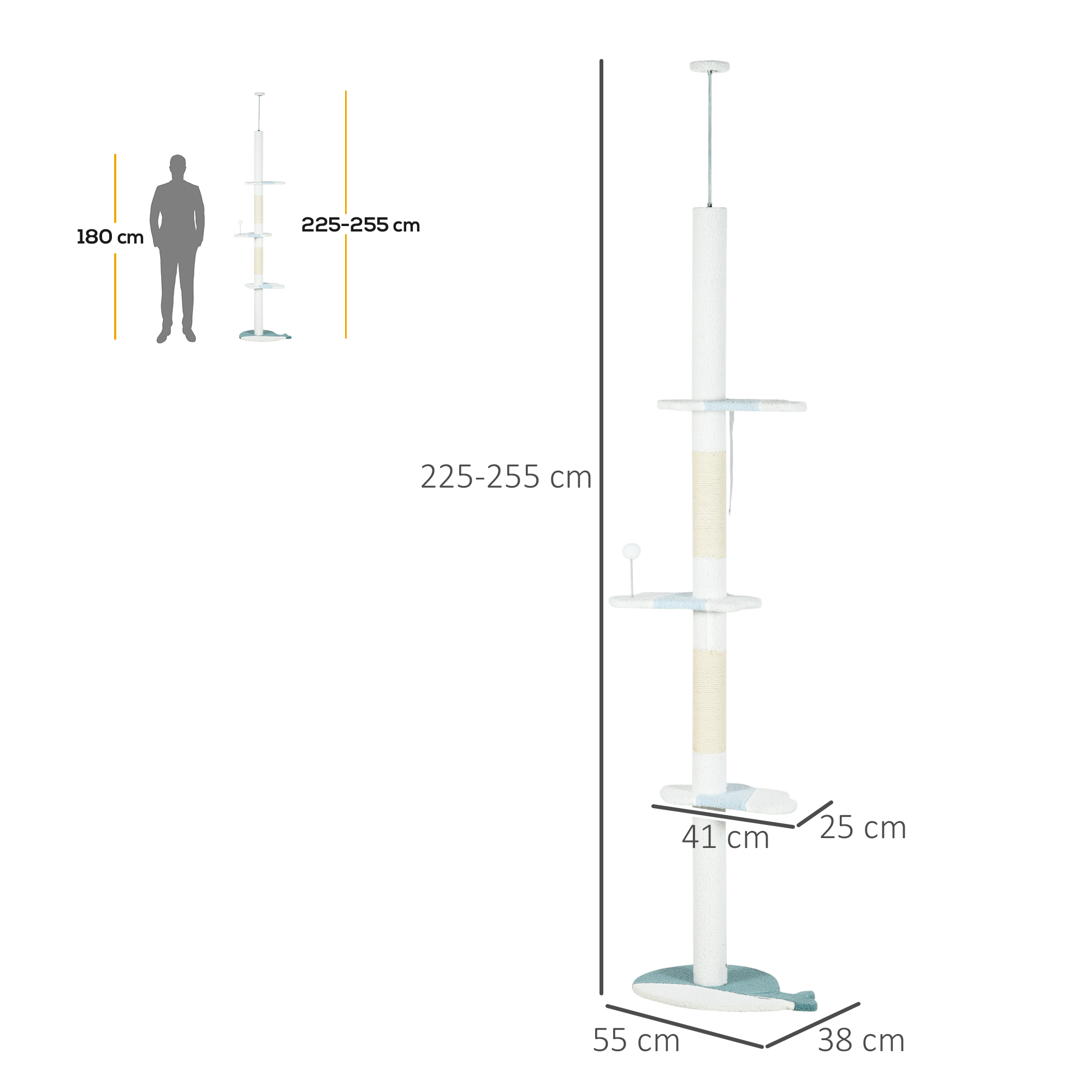 Árvore para gatos PawHut de 225-255 cm, com altura ajustável, 3 plataformas em formato de onda, postes para arranhar e 1 bola, 55 x 38 x 225-255 cm, branca.