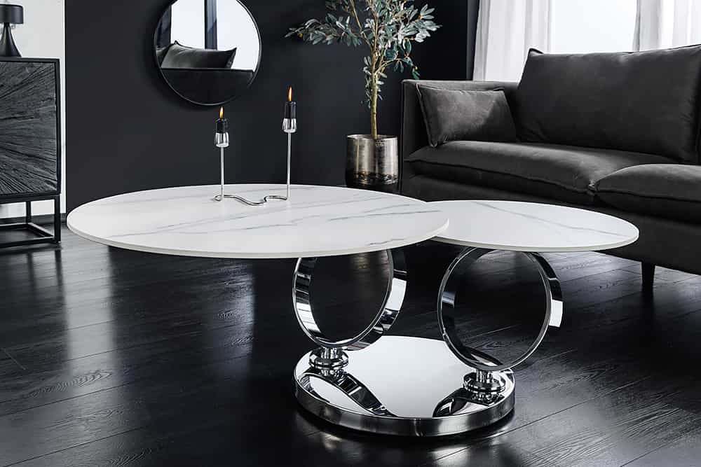 Design Couchtisch DANCING RINGS weiß rund drehbar Marmor Keramik Chrome Gestell