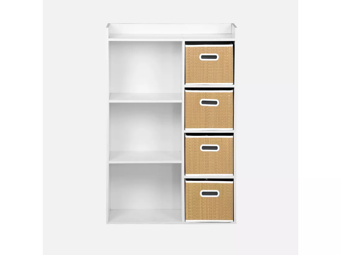 Meuble de rangement pour enfant avec 7 compartiments et 4 paniers fibre naturelle