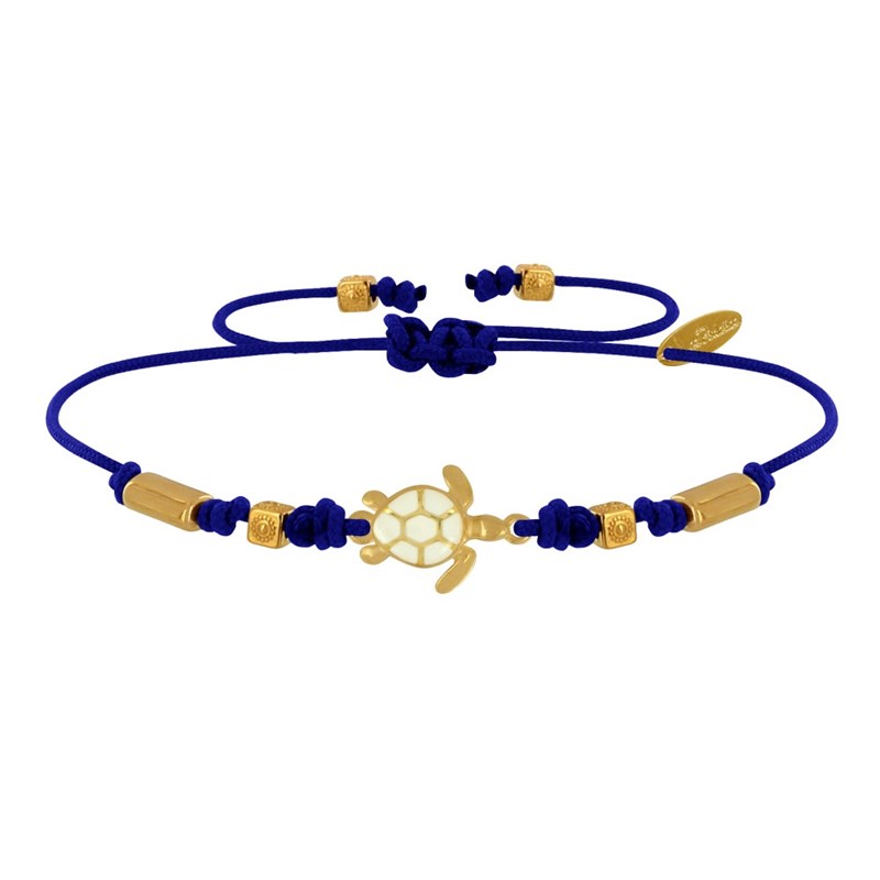 Bracelet Lien Laiton Doré Tortue Émaillé Blanche - Bleu Navy