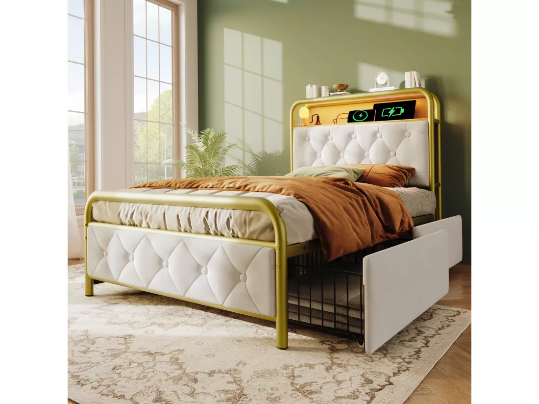 Lit capitonné 90 x 200 cm avec 2 tiroirs et tête de lit rangement - Prises USB Type C et LEDs - Velours - Blanc (sans matelas)