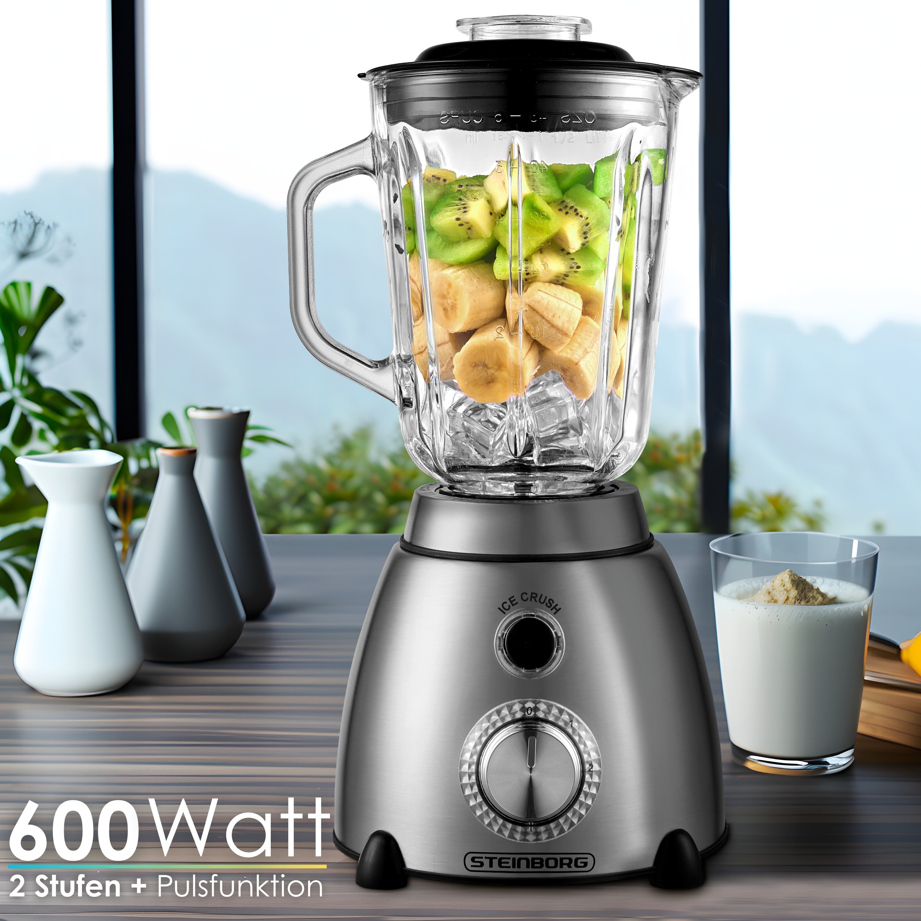 Steinborg Edelstahl Glas Standmixer 1.5L Glaskrug 2 Stufen+Puls 600W