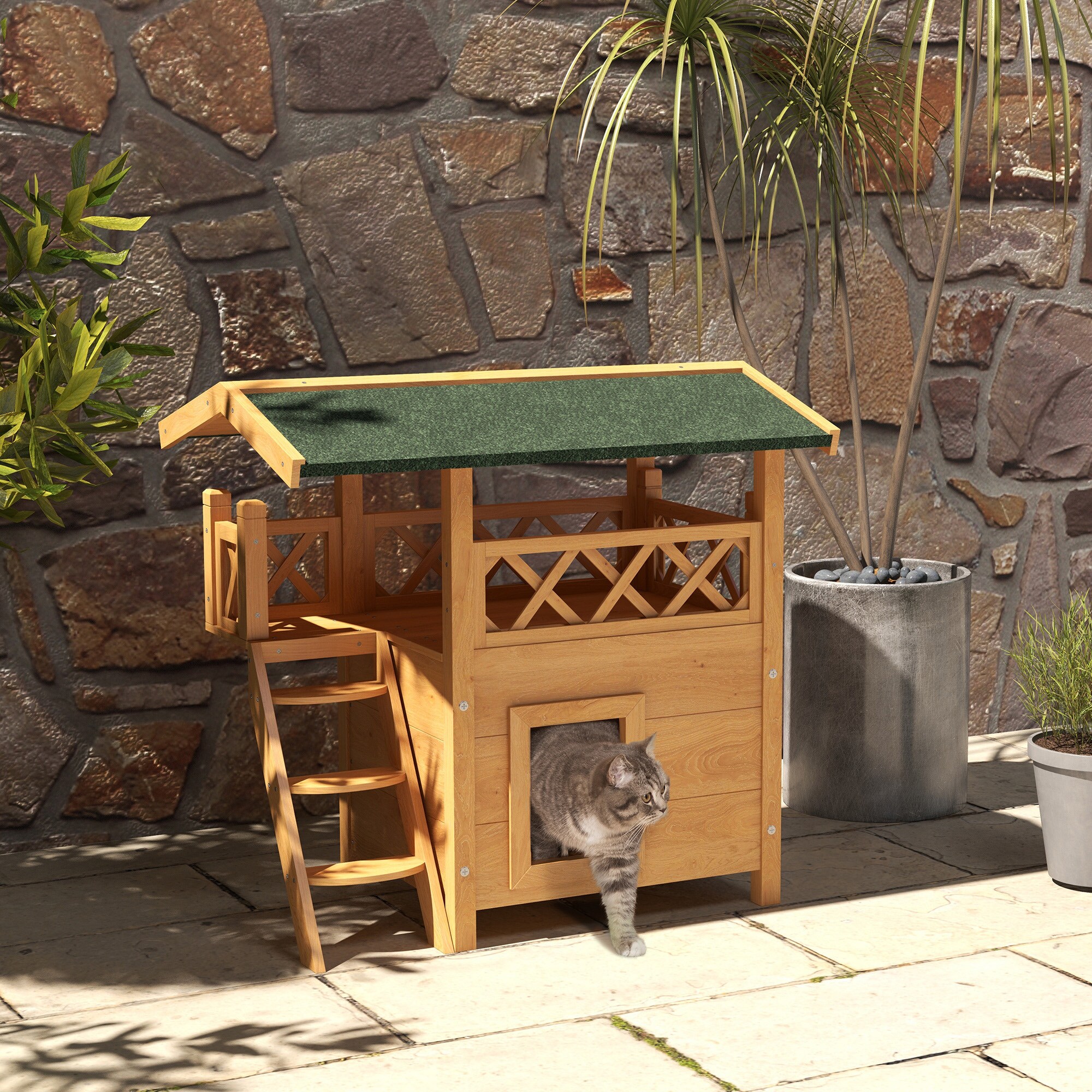 PawHut Katzenhaus mit Treppe und Dach natur 77L x 50B x 73H cm
