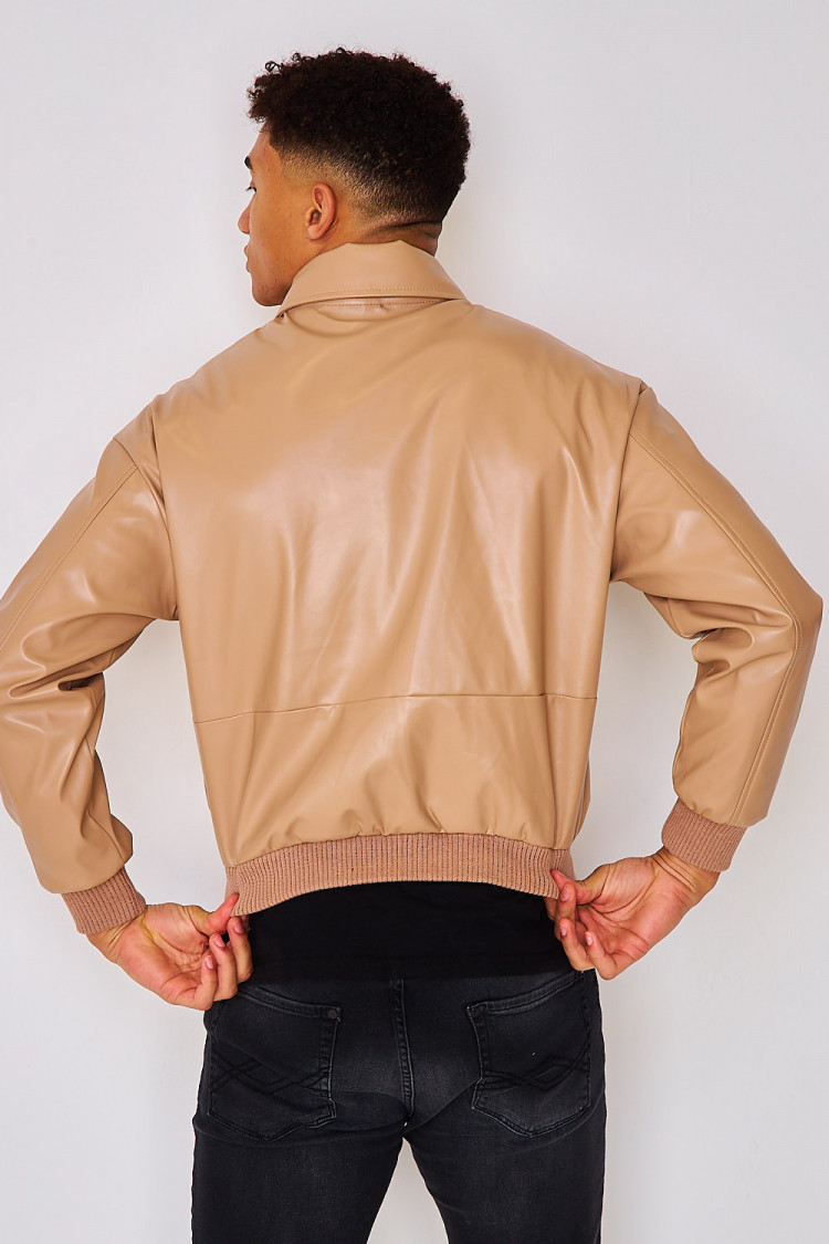Bomber en simili cuir beige foncé