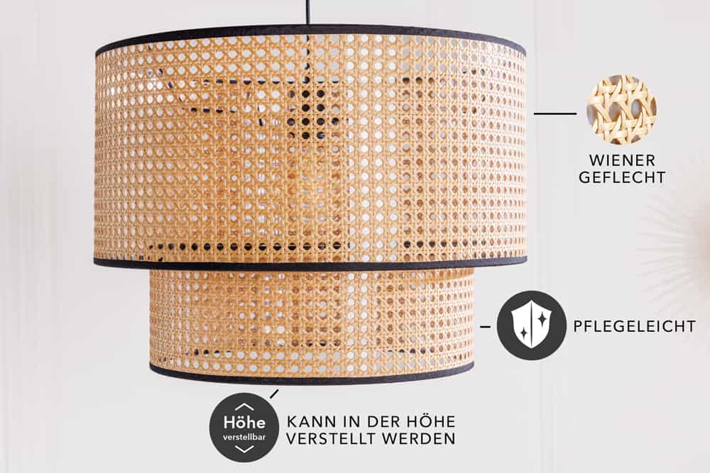 Boho Hängelampe VIENNA 45cm natur schwarz Wiener Geflecht Leuchte