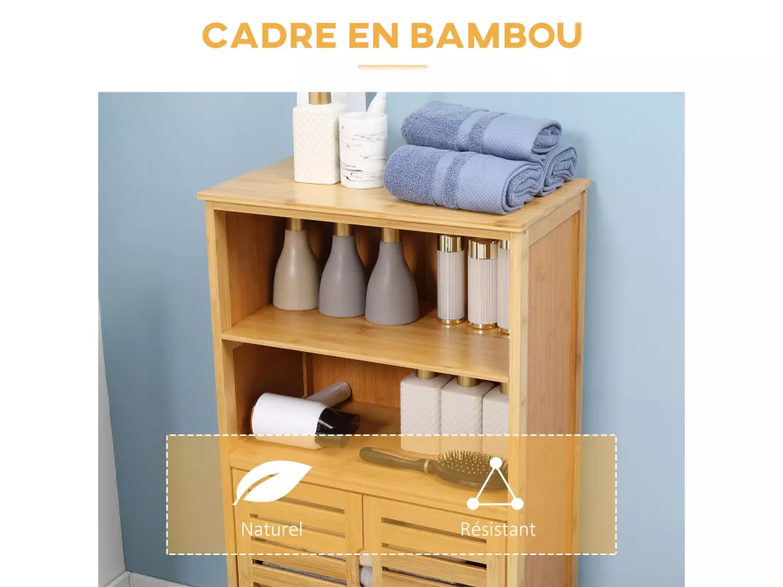 Meuble rangement bas salle de bain bambou style naturel 2 portes avec étagère 2 niches bambou
