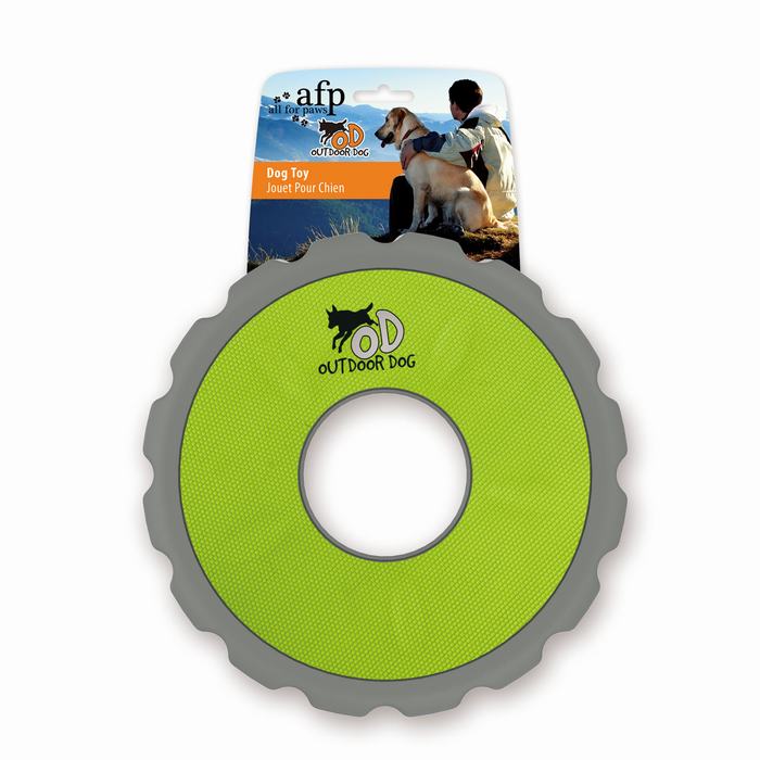 Frisbee verde de 21,6 cm para cães, ideal para uso externo.