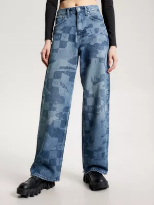 Calça jeans de perna larga com detalhes a laser