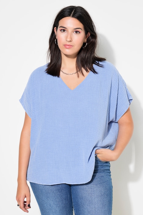 Blusenshirt, oversized, Musselin, V-Ausschnitt