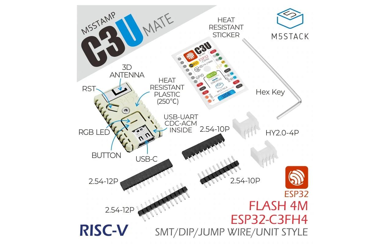 Entwicklerboard M5stamp C3U Mate mit Pin HeadersUltra kompaktes Entwicklerboard mit RISC-V Prozessor