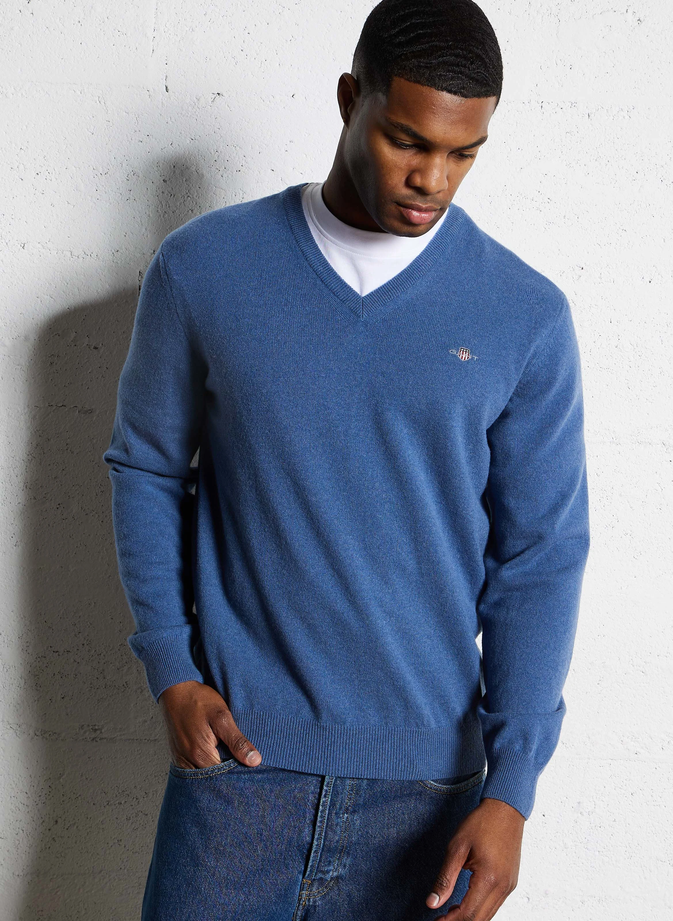Pull droit col V brodé en laine | Bleu